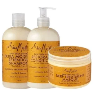 Shea Moisture Raw Shea, Butter Combo Pack, is a luxurious trio of products designed to moisturize and repair hair and skin deeply. This bundle includes a shampoo, conditioner, and deep treatment masque, each infused with the nourishing properties of raw shea butter. Key benefits: Intense moisture: Raw shea butter provides rich hydration, combating dryness and frizz. Hair repair: Helps strengthen damaged hair, restoring its elasticity and shine. Skin nourishment: Soothes and softens dry, irritated skin, leaving it supple and healthy. Natural ingredients: Formulated with ethically-sourced, plant-based ingredients. Suitable for all hair types: It can be used by individuals with straight, curly, or textured hair. Cruelty-free: Not tested on animals. Sources and related content